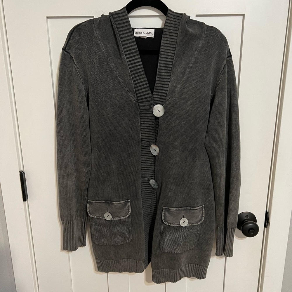 Neon Buddha 100% Cotton Gray Sweater Hooded Size M Cardigan Shell Buttons